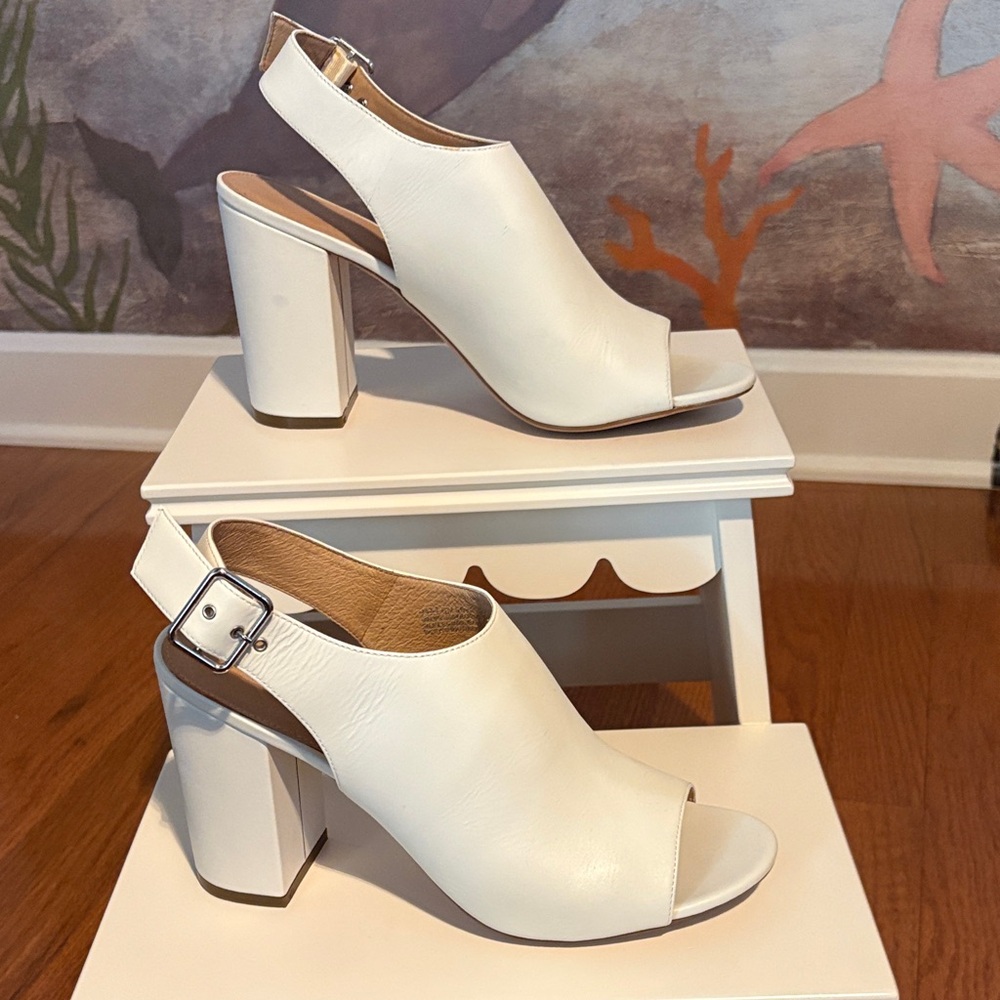 Halogen open toe sling back with block heels.